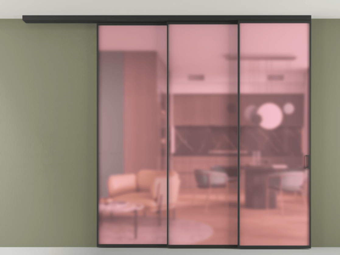 Перегородка Формато вдоль стены на потолок 3 створки с синхронным механизмом АЛПР 040.01 Алюминий Черный Сатинированное розовое стекло, триплекс Цена 363632 ₽ | Volhovec